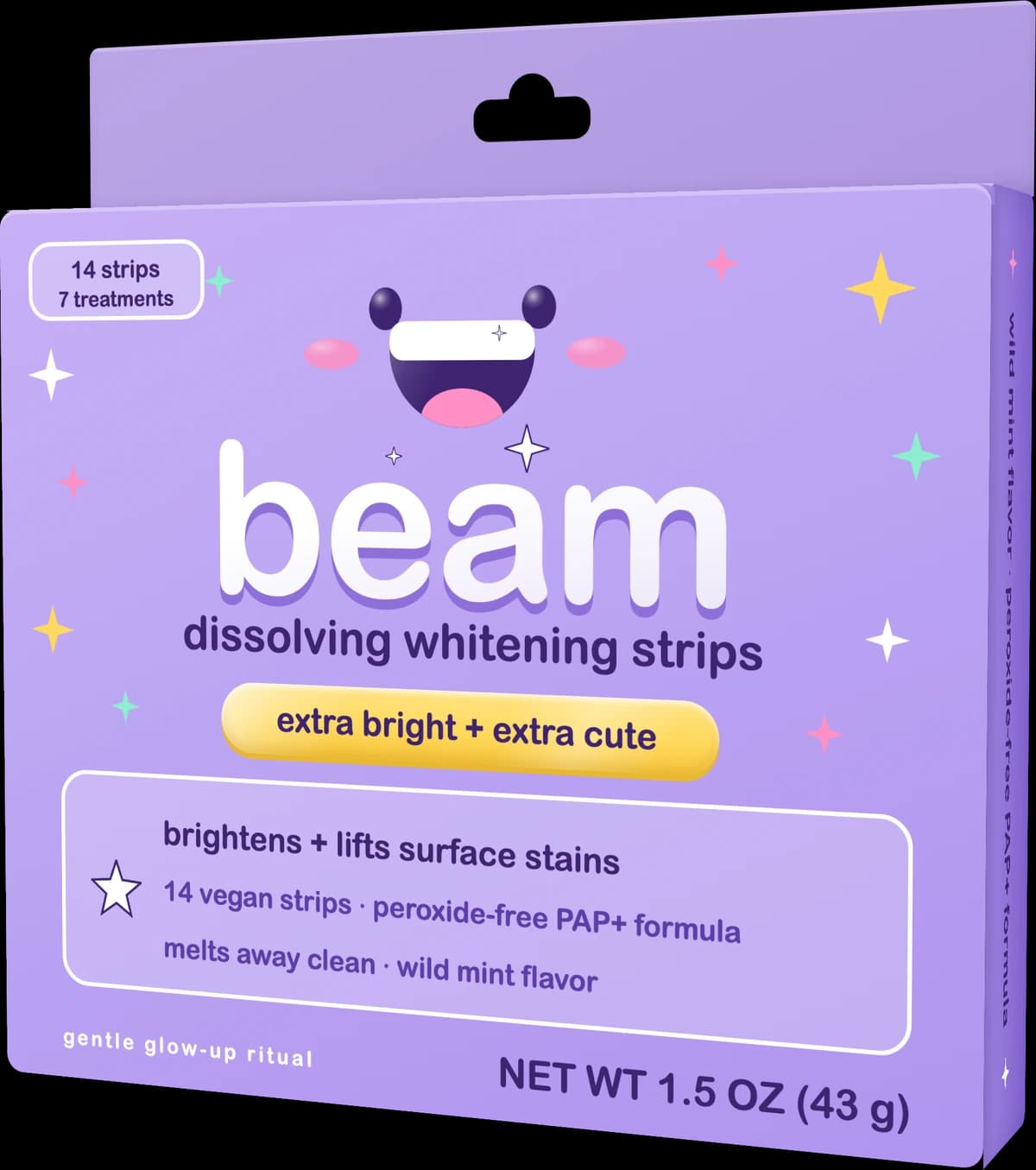 A lilac box of beam dissolving whitening strips, smiling.